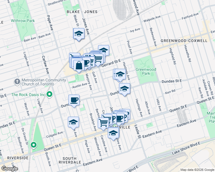 map of restaurants, bars, coffee shops, grocery stores, and more near 169 Jones Avenue in Toronto