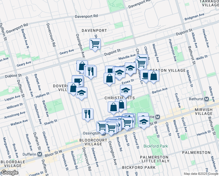 map of restaurants, bars, coffee shops, grocery stores, and more near 960 Shaw Street in Toronto