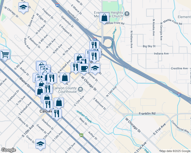 map of restaurants, bars, coffee shops, grocery stores, and more near 516 North 11th Avenue in Caldwell