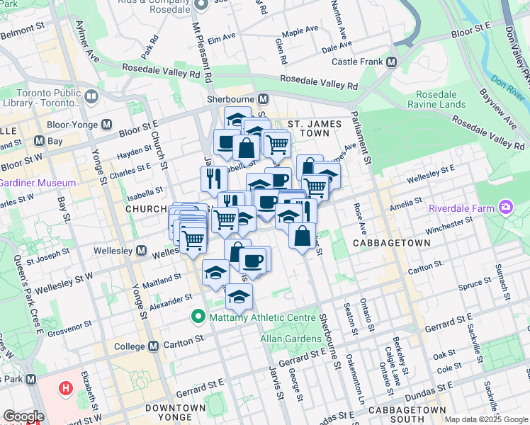 map of restaurants, bars, coffee shops, grocery stores, and more near 136 Wellesley Street East in Toronto