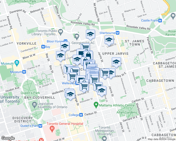 map of restaurants, bars, coffee shops, grocery stores, and more near 596 Church Street in Toronto