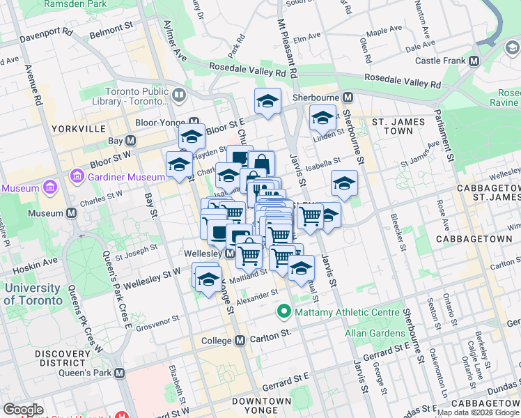 map of restaurants, bars, coffee shops, grocery stores, and more near 596 Church Street in Toronto