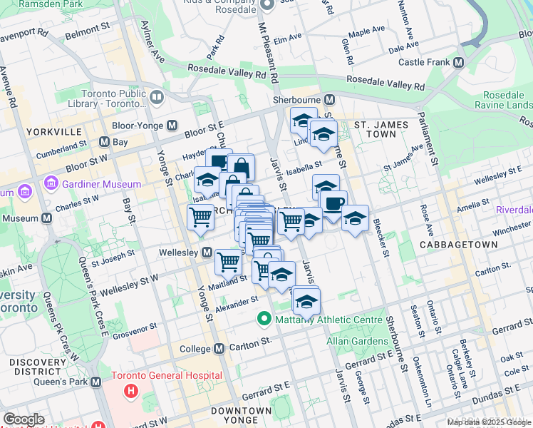 map of restaurants, bars, coffee shops, grocery stores, and more near 32 Monteith Street in Toronto