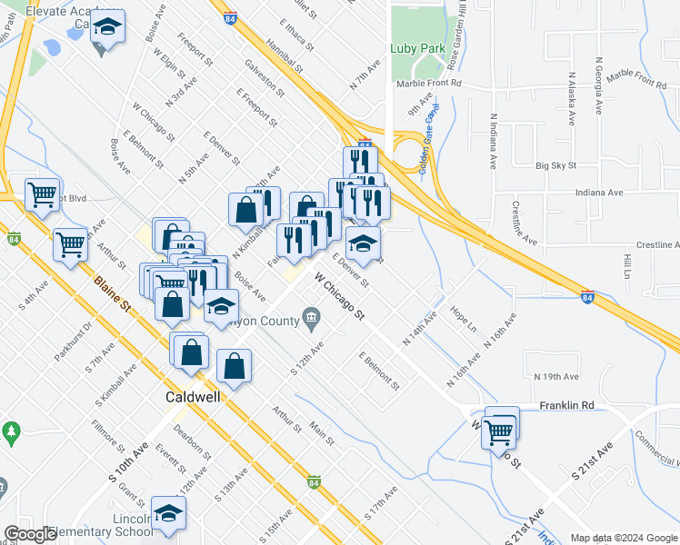 map of restaurants, bars, coffee shops, grocery stores, and more near 421 North 11th Avenue in Caldwell