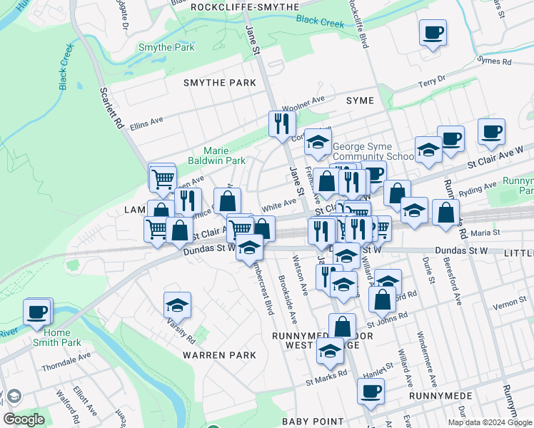 map of restaurants, bars, coffee shops, grocery stores, and more near 67 Florence Crescent in Toronto