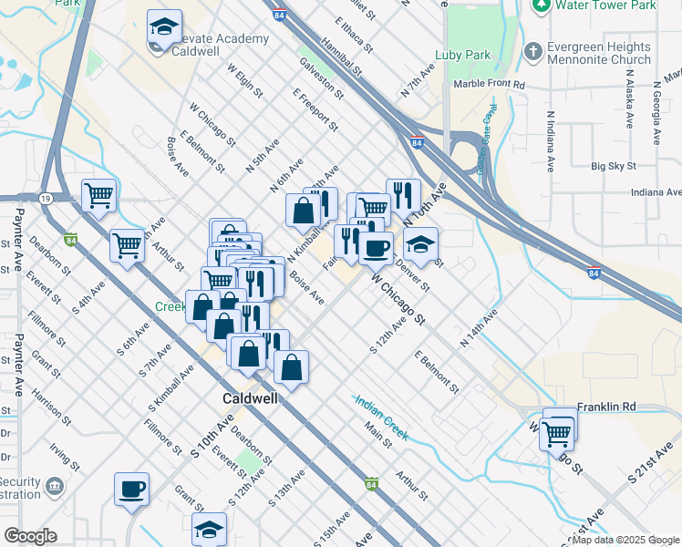 map of restaurants, bars, coffee shops, grocery stores, and more near 911 East Belmont Street in Caldwell
