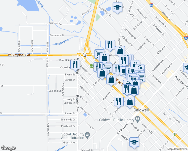 map of restaurants, bars, coffee shops, grocery stores, and more near 318 Dearborn Street in Caldwell