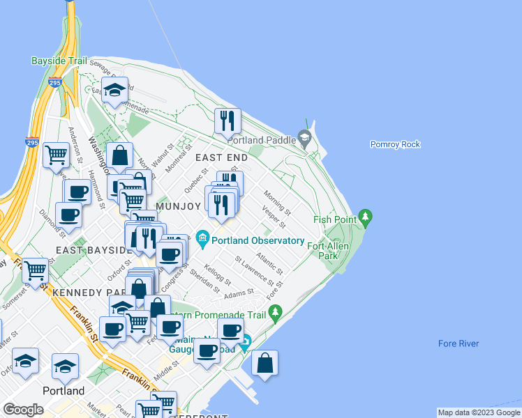 map of restaurants, bars, coffee shops, grocery stores, and more near 49 Moody Street in Portland