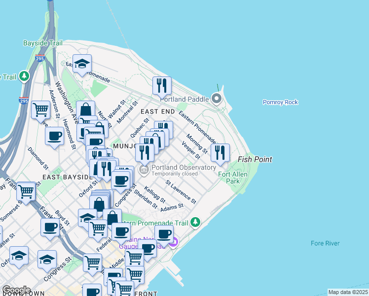 map of restaurants, bars, coffee shops, grocery stores, and more near 49 Moody Street in Portland