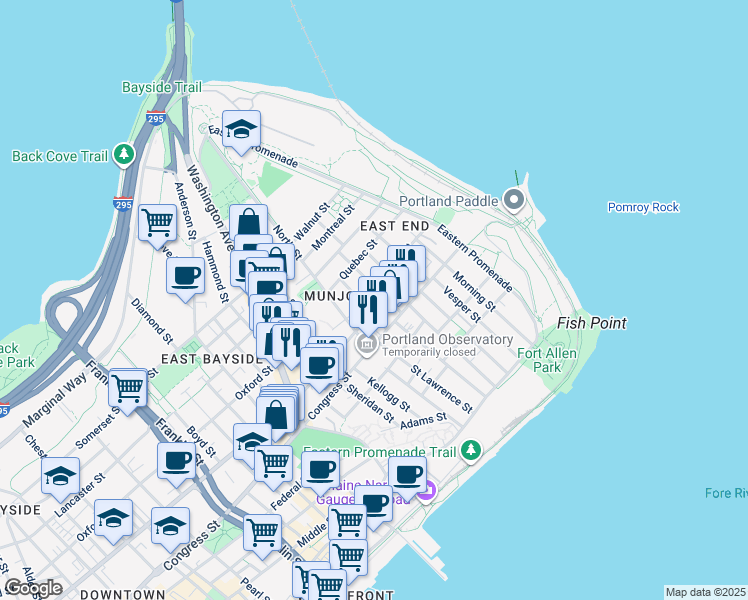 map of restaurants, bars, coffee shops, grocery stores, and more near in Portland
