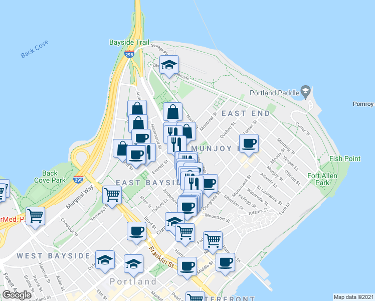 map of restaurants, bars, coffee shops, grocery stores, and more near 93 Washington Avenue in Portland