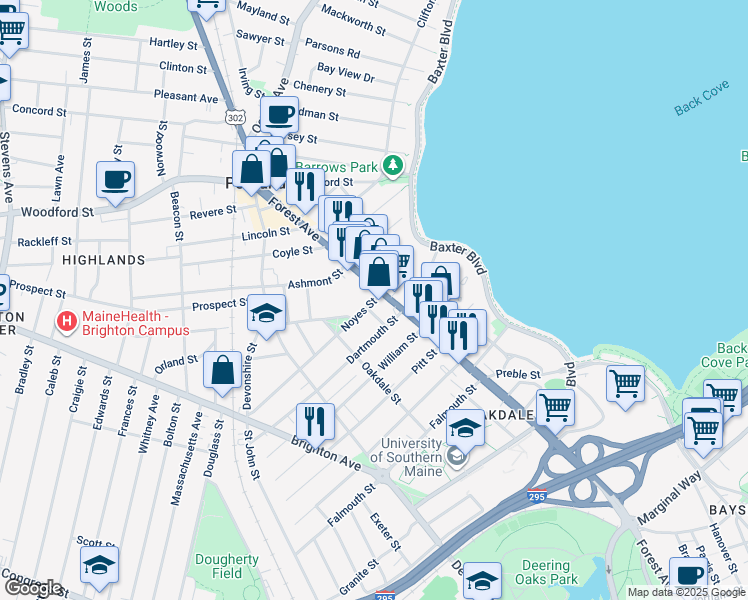 map of restaurants, bars, coffee shops, grocery stores, and more near 10 Freeman Street in Portland