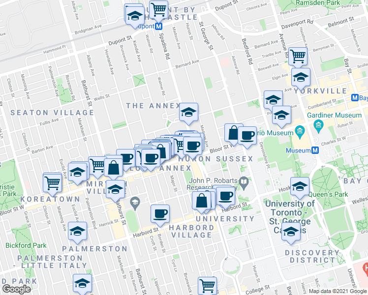 map of restaurants, bars, coffee shops, grocery stores, and more near in Toronto