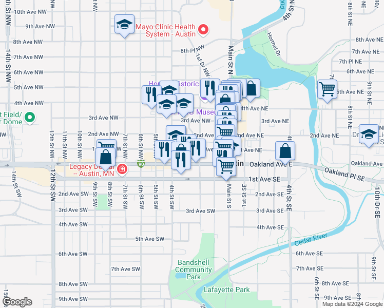 map of restaurants, bars, coffee shops, grocery stores, and more near 301 Oakland Avenue West in Austin