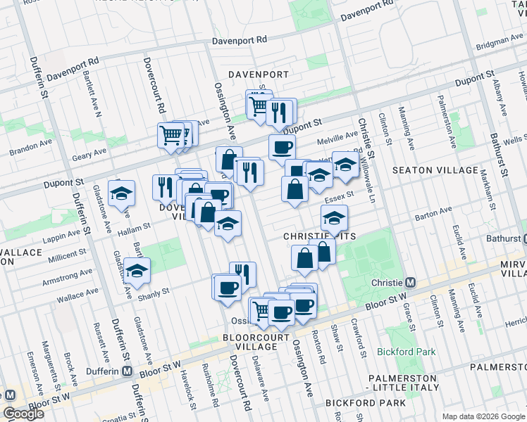 map of restaurants, bars, coffee shops, grocery stores, and more near 47 Manchester Avenue in Toronto