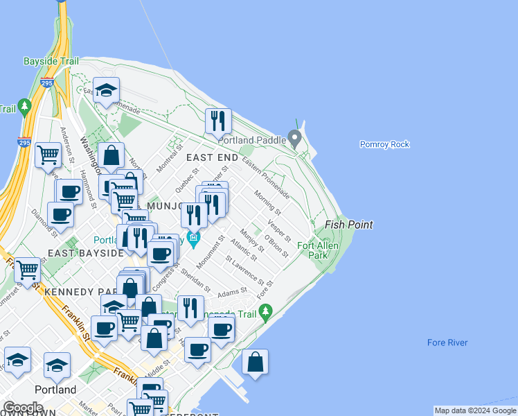 map of restaurants, bars, coffee shops, grocery stores, and more near 73 Vesper Street in Portland