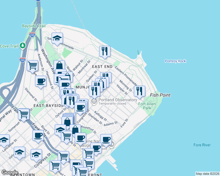 map of restaurants, bars, coffee shops, grocery stores, and more near 76 Congress Street in Portland