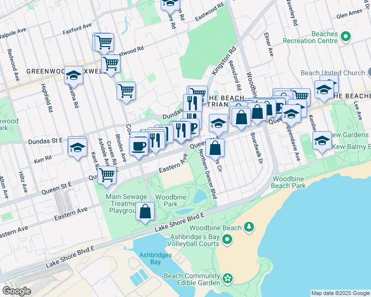 map of restaurants, bars, coffee shops, grocery stores, and more near in Toronto