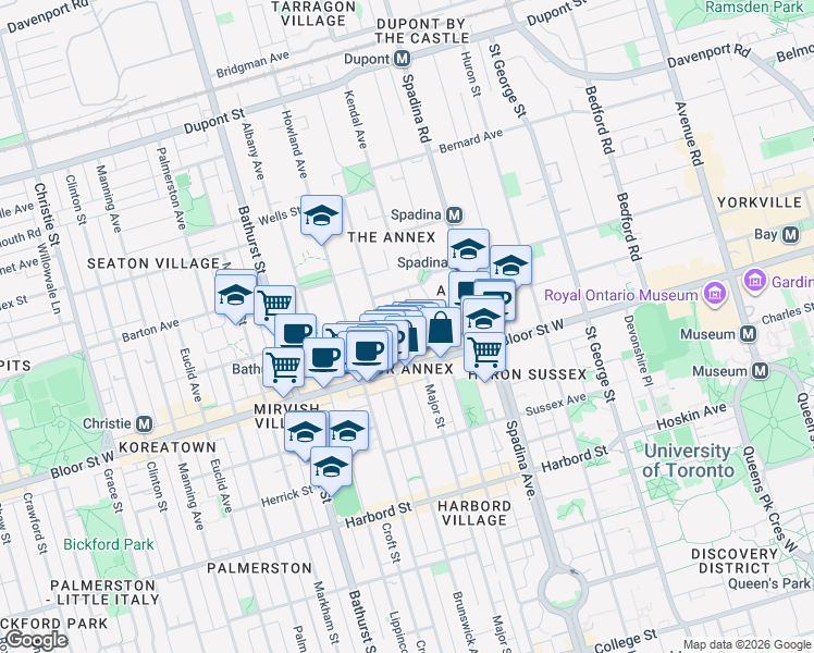 map of restaurants, bars, coffee shops, grocery stores, and more near in Toronto