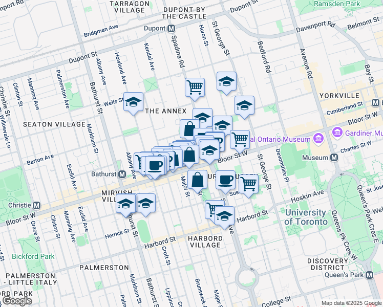 map of restaurants, bars, coffee shops, grocery stores, and more near 11 Walmer Road in Toronto