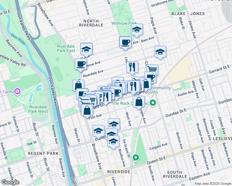 map of restaurants, bars, coffee shops, grocery stores, and more near Simpson Avenue in Toronto