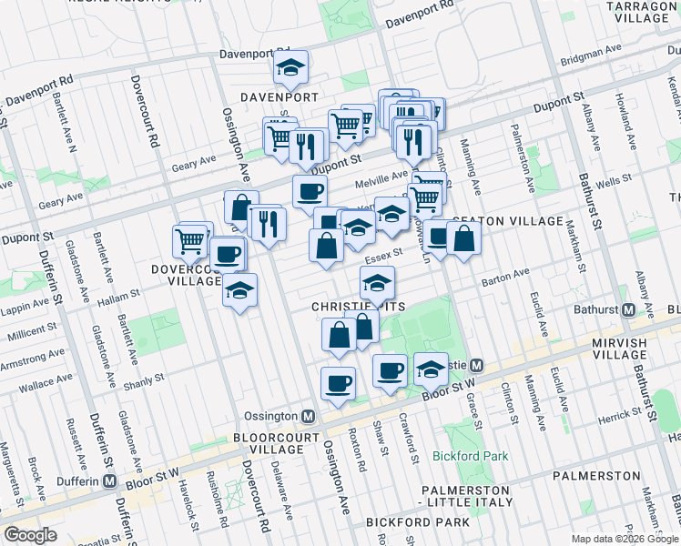 map of restaurants, bars, coffee shops, grocery stores, and more near 119 Essex Street in Toronto