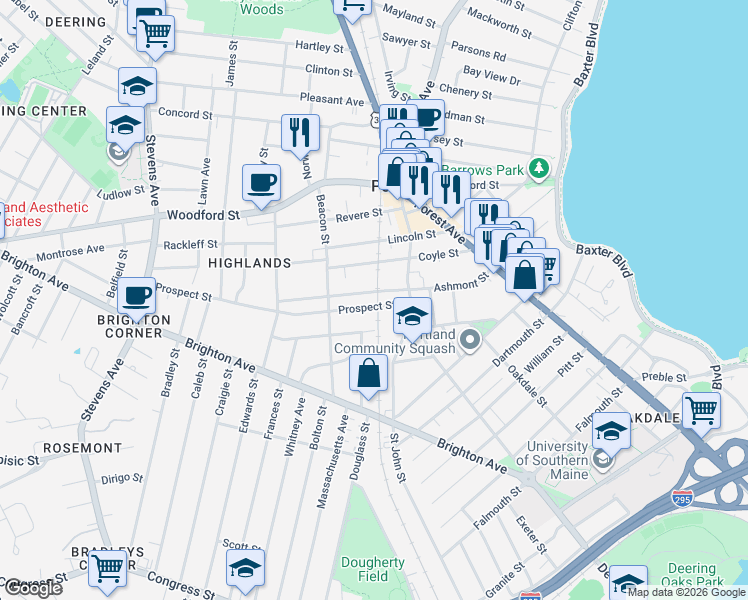 map of restaurants, bars, coffee shops, grocery stores, and more near 186 Coyle Street in Portland