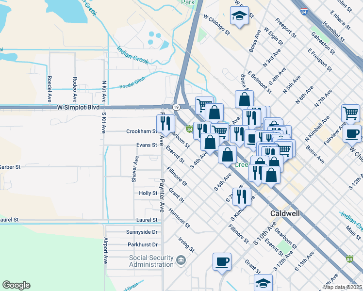 map of restaurants, bars, coffee shops, grocery stores, and more near 218 Dearborn Street in Caldwell