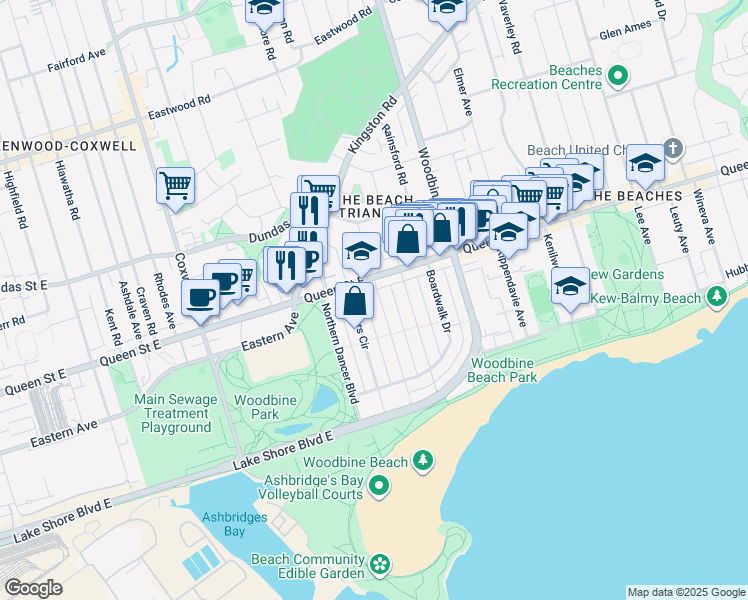 map of restaurants, bars, coffee shops, grocery stores, and more near 104 Sarah Ashbridge Avenue in Toronto