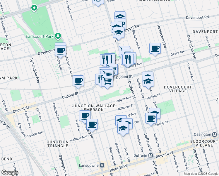 map of restaurants, bars, coffee shops, grocery stores, and more near 10 Graphophone Grove in Toronto