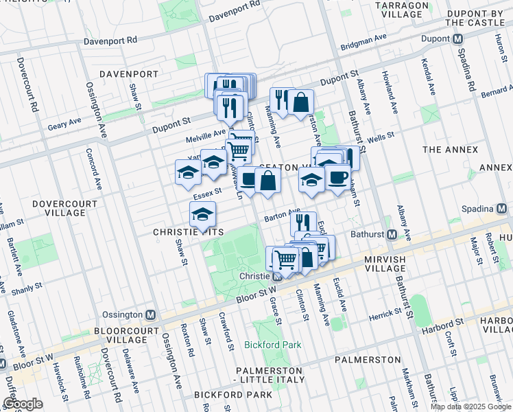 map of restaurants, bars, coffee shops, grocery stores, and more near 147 Christie Street in Toronto