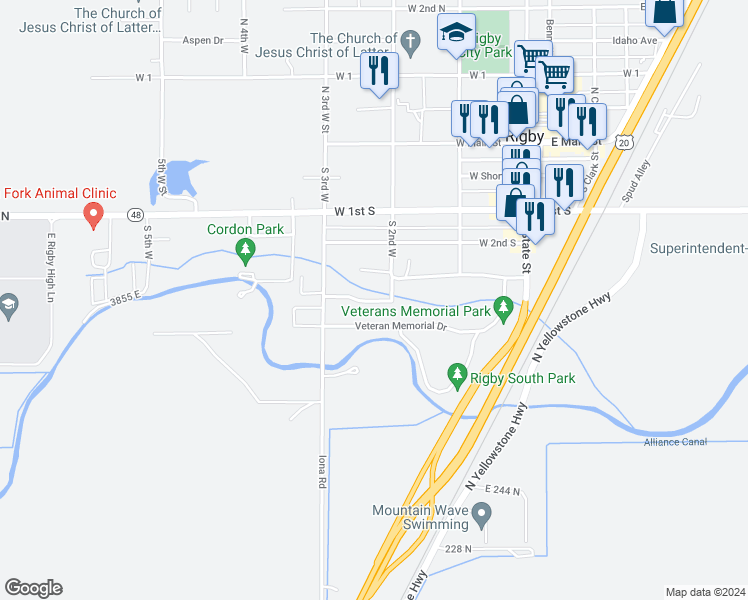 map of restaurants, bars, coffee shops, grocery stores, and more near 311 Summer Street in Rigby