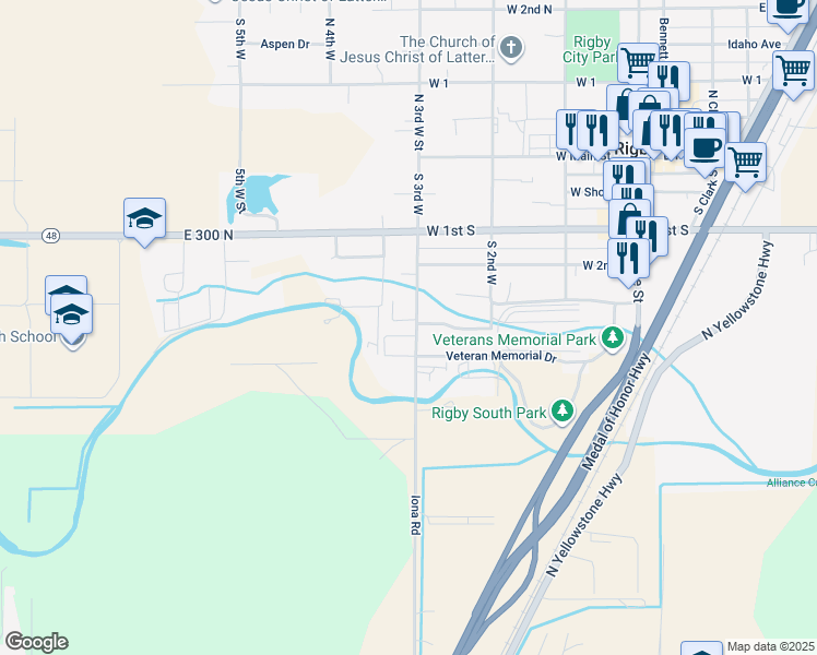 map of restaurants, bars, coffee shops, grocery stores, and more near 368 South 3rd West in Rigby