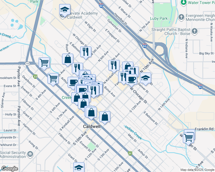 map of restaurants, bars, coffee shops, grocery stores, and more near 221 North Kimball Avenue in Caldwell