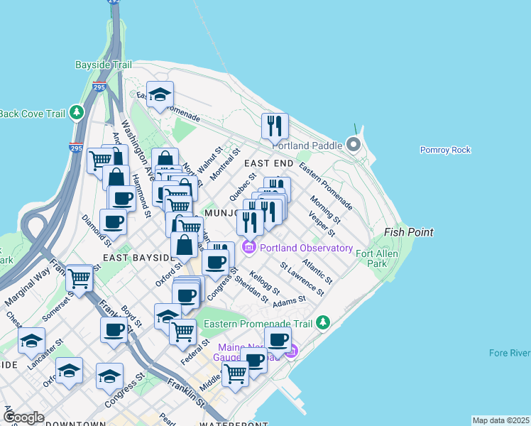 map of restaurants, bars, coffee shops, grocery stores, and more near 41 Merrill Street in Portland
