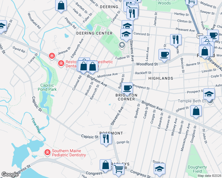 map of restaurants, bars, coffee shops, grocery stores, and more near 39 Runnells Street in Portland