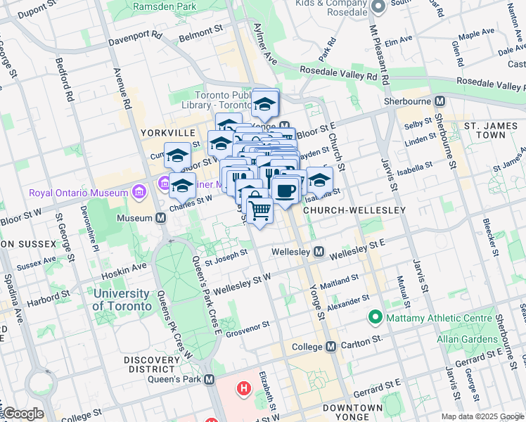 map of restaurants, bars, coffee shops, grocery stores, and more near 55 Bloor Street West in Toronto