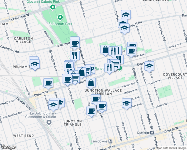 map of restaurants, bars, coffee shops, grocery stores, and more near in Toronto