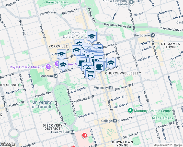 map of restaurants, bars, coffee shops, grocery stores, and more near 25 Saint Mary Street in Toronto