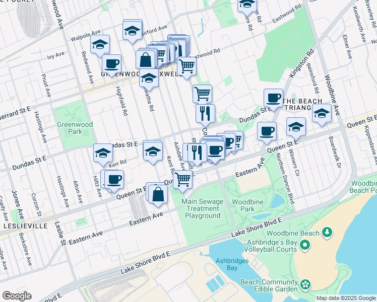 map of restaurants, bars, coffee shops, grocery stores, and more near 71 Craven Road in Toronto