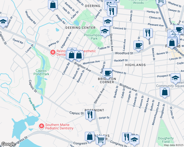 map of restaurants, bars, coffee shops, grocery stores, and more near 494 Brighton Avenue in Portland