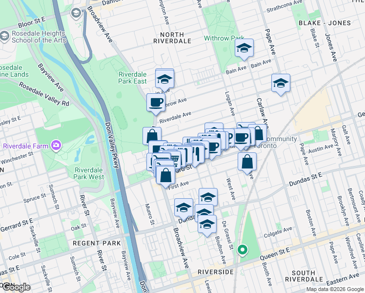 map of restaurants, bars, coffee shops, grocery stores, and more near 49 Victor Avenue in Toronto