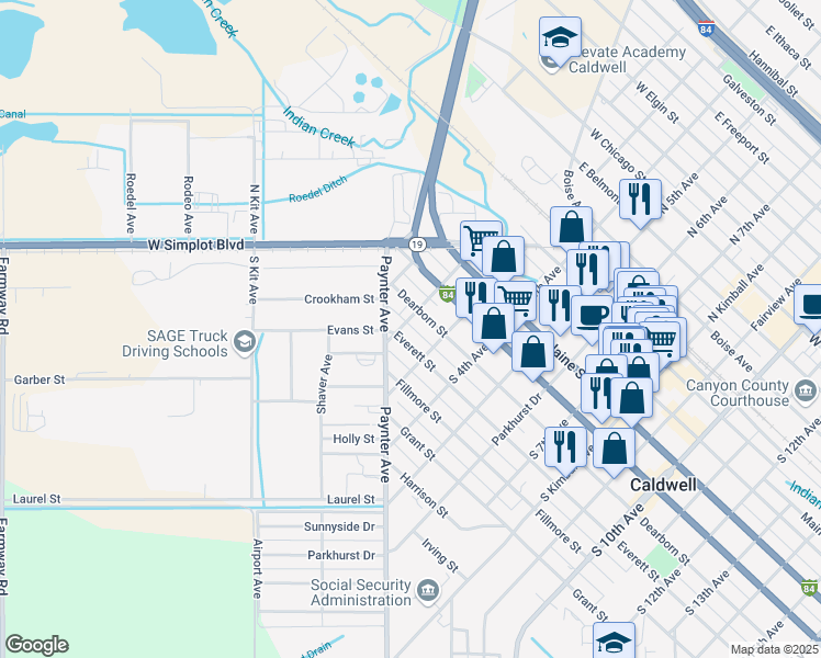 map of restaurants, bars, coffee shops, grocery stores, and more near 515 South 2nd Avenue in Caldwell