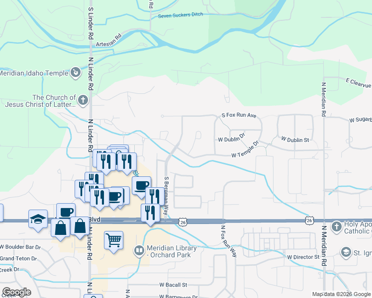 map of restaurants, bars, coffee shops, grocery stores, and more near 2983 South Bergman Way in Eagle