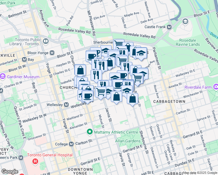map of restaurants, bars, coffee shops, grocery stores, and more near 6 Wellesley Place in Toronto