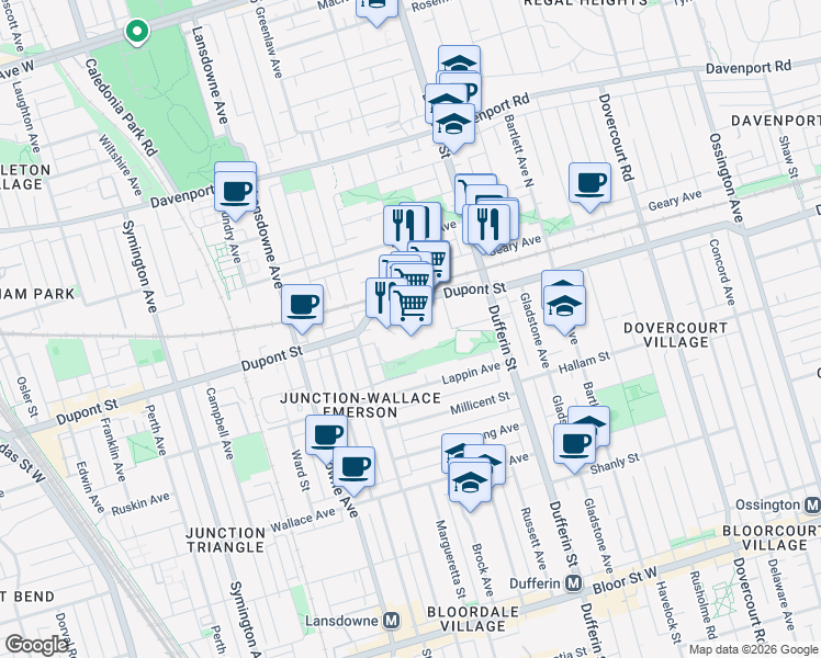 map of restaurants, bars, coffee shops, grocery stores, and more near 10 Graphophone Grove in Toronto