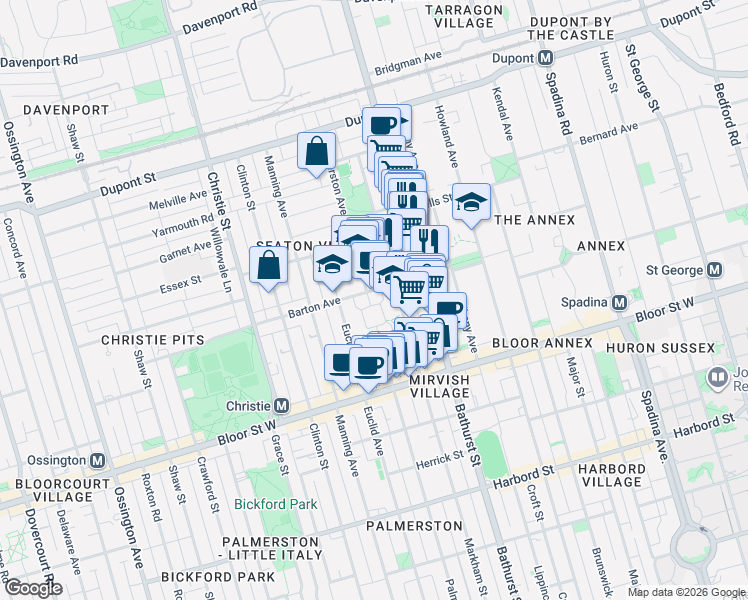 map of restaurants, bars, coffee shops, grocery stores, and more near 715 Palmerston Avenue in Toronto