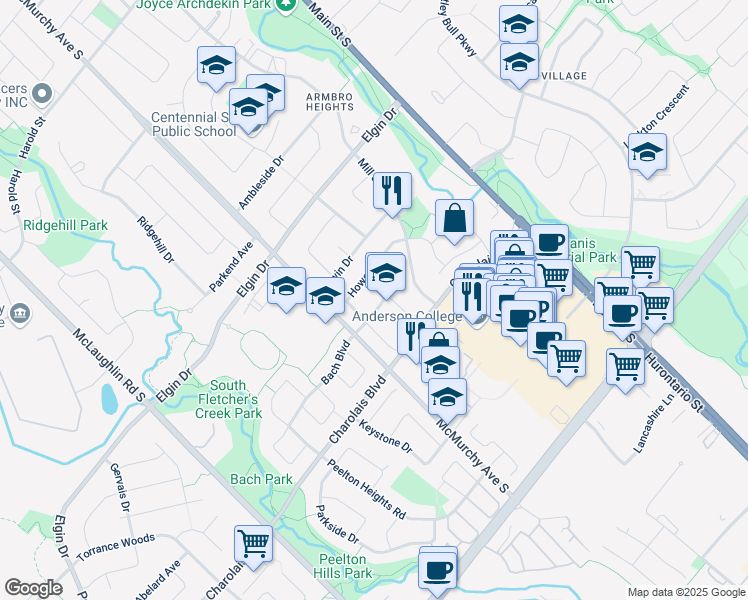 map of restaurants, bars, coffee shops, grocery stores, and more near 10 Driscoll Drive in Brampton