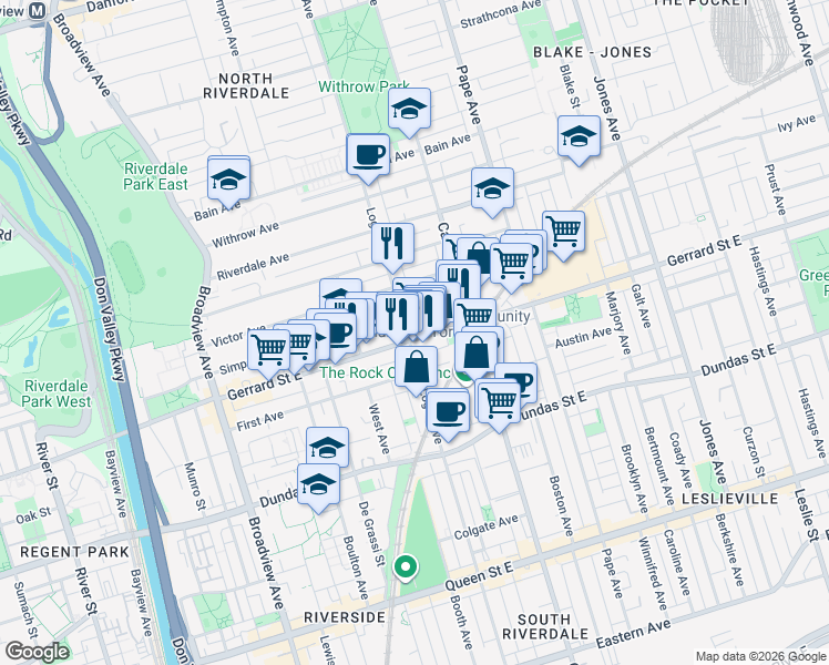 map of restaurants, bars, coffee shops, grocery stores, and more near 495 Logan Avenue in Toronto