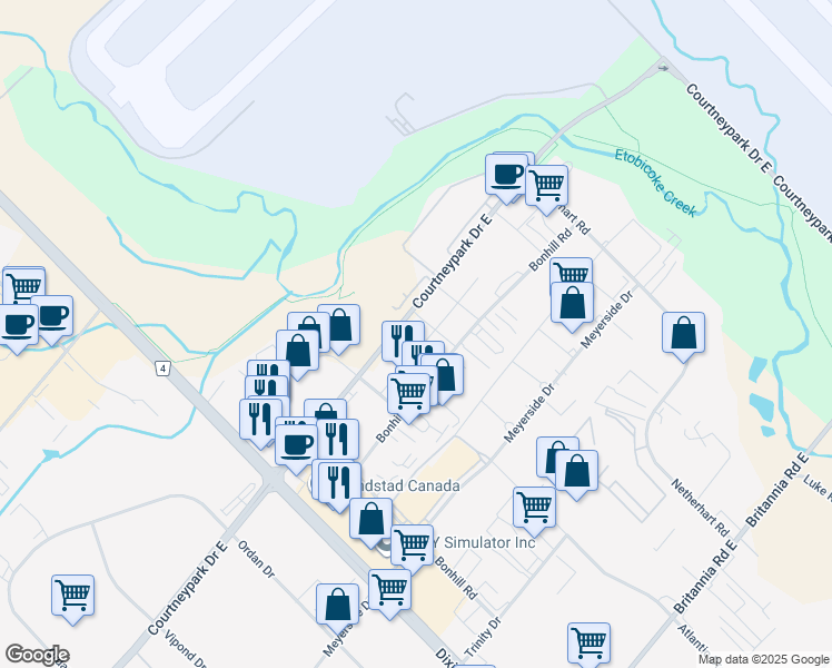 map of restaurants, bars, coffee shops, grocery stores, and more near 1700 Courtneypark Drive East in Mississauga